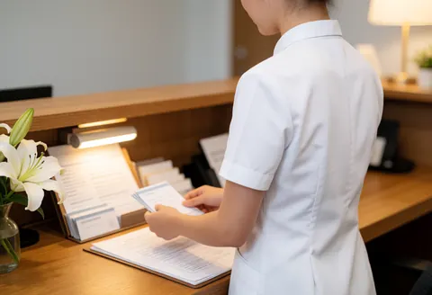Une réceptionniste en uniforme blanc organise des rendez-vous sur un bureau en bois avec des lys blancs et une lumière chaude, dans un environnement professionnel et ordonné.