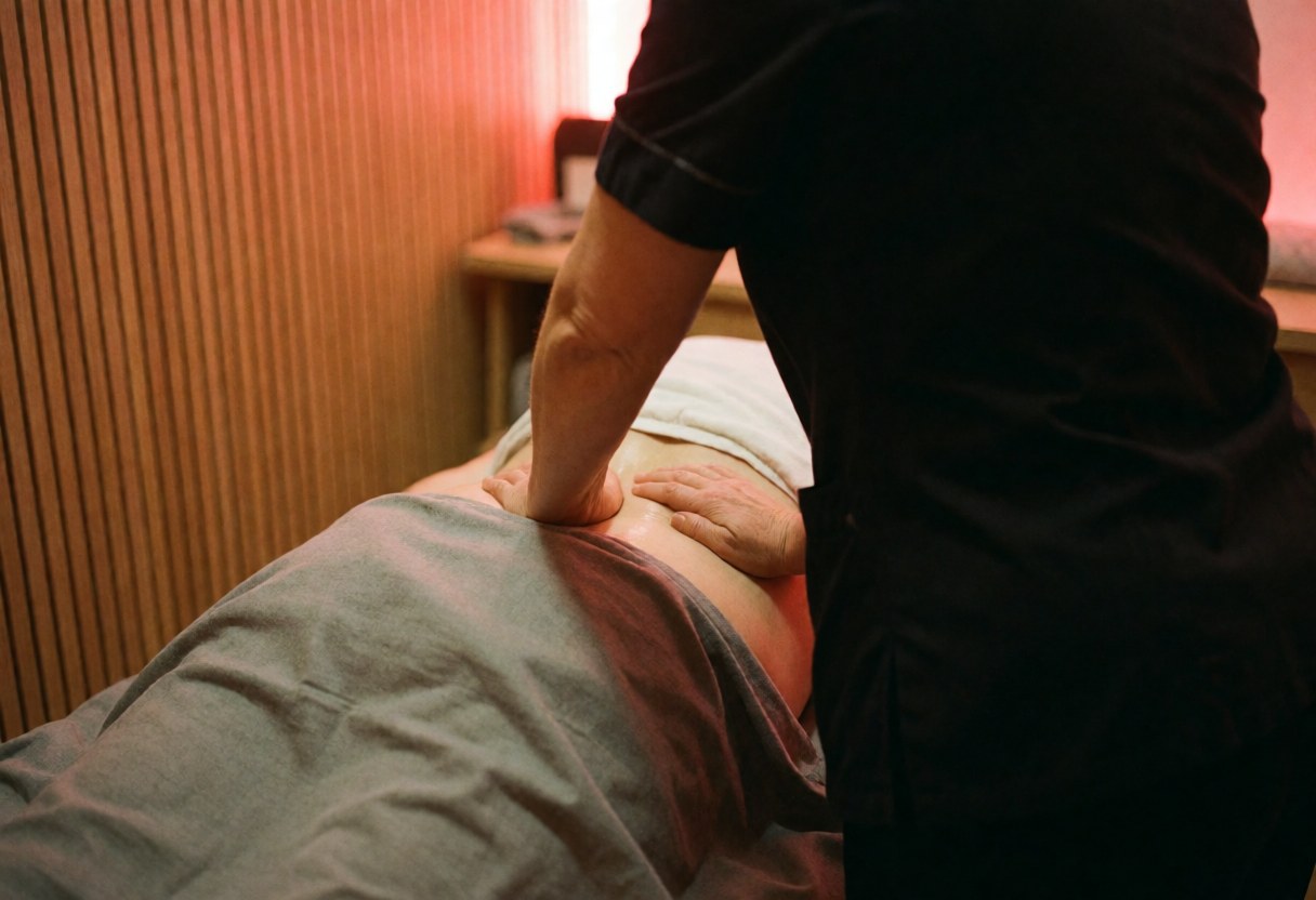 Thérapeute professionnel appliquant un massage thérapeutique sur le dos d'un client, avec des mains fermes et concentrées, dans un environnement chaleureux et relaxant avec des murs en bois.