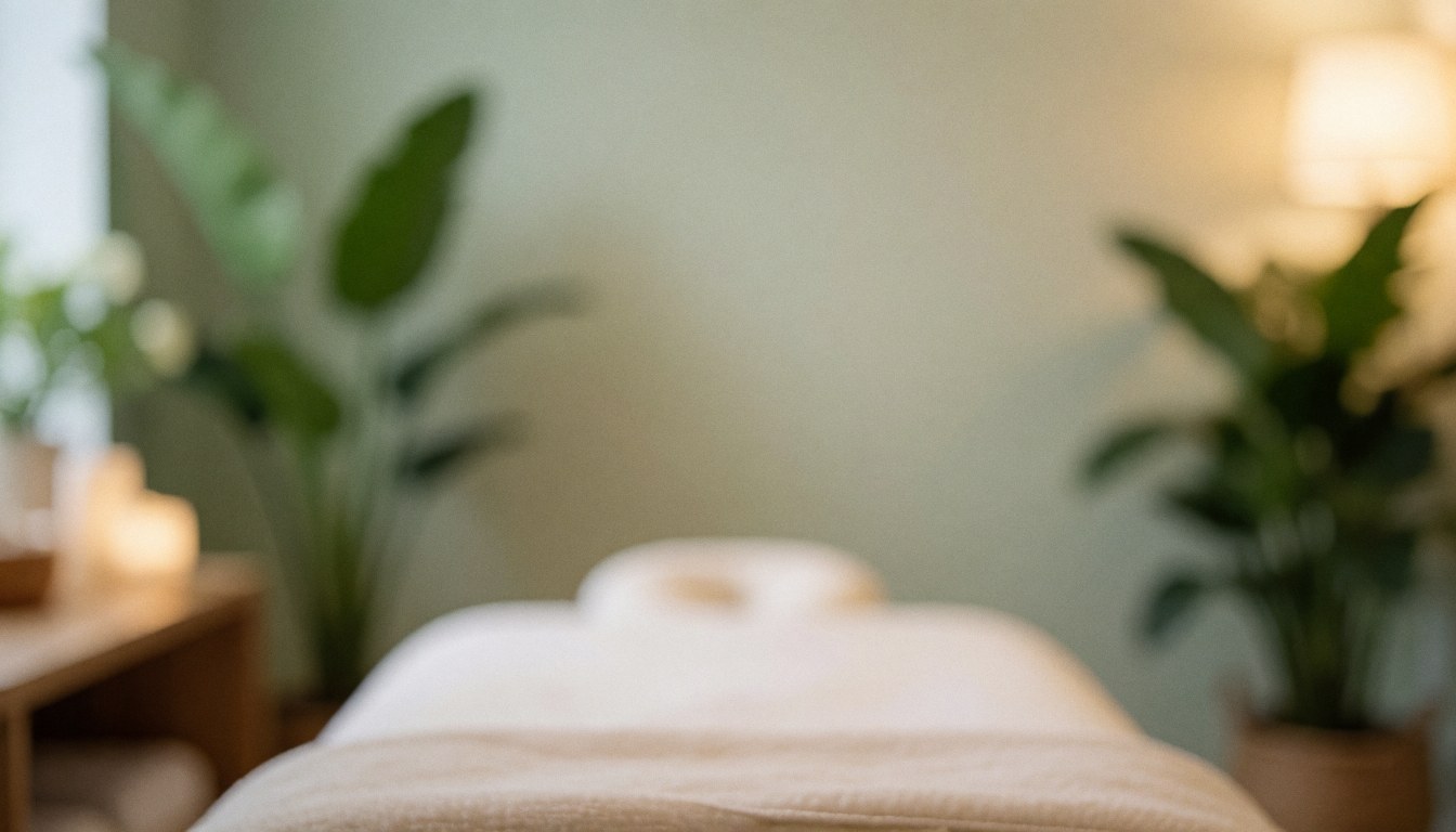 Vue intérieure d'un espace de relaxation apaisant comprenant un lit de massage, des plantes vertes et une lumière naturelle douce sur un fond neutre.