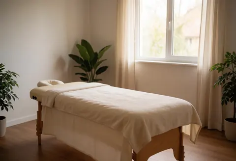 Intérieur d'une salle de massage inoccupée avec lit garni de draps blancs, plantes vertes, lumière naturelle par la fenêtre, ambiance calme et propre pour thérapie.
