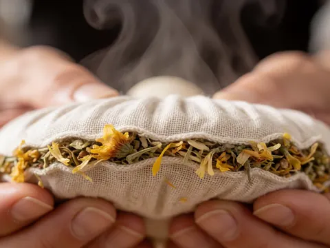Gros plan sur un bassin en métal contenant des herbes aromatiques dégageant de la vapeur, avec des mains tenant le récipient et une texture de tissu visible.