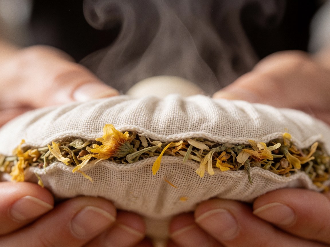 Gros plan sur un bassin en métal contenant des herbes aromatiques dégageant de la vapeur, avec des mains tenant le récipient et une texture de tissu visible.