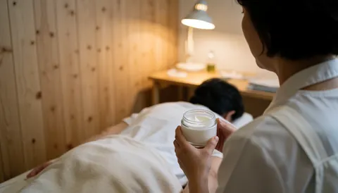 Un thérapeute en train d'appliquer de la crème sur le dos d'un client lors d'une séance de massage.