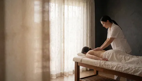 Intérieur calme d'une salle de massage professionnel baignée de lumière naturelle, évoquant la détente et le bien-être.