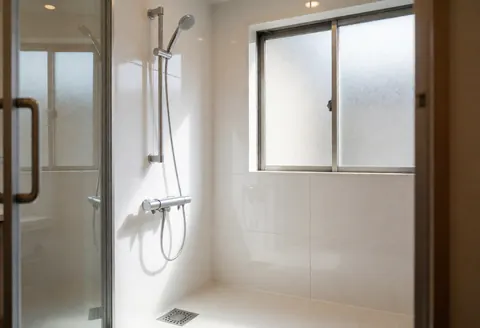 Douche de pied avec robinetterie en acier inoxydable dans un bain de spa propre aux murs blancs et fenêtre en verre dépoli laissant entrer la lumière naturelle.