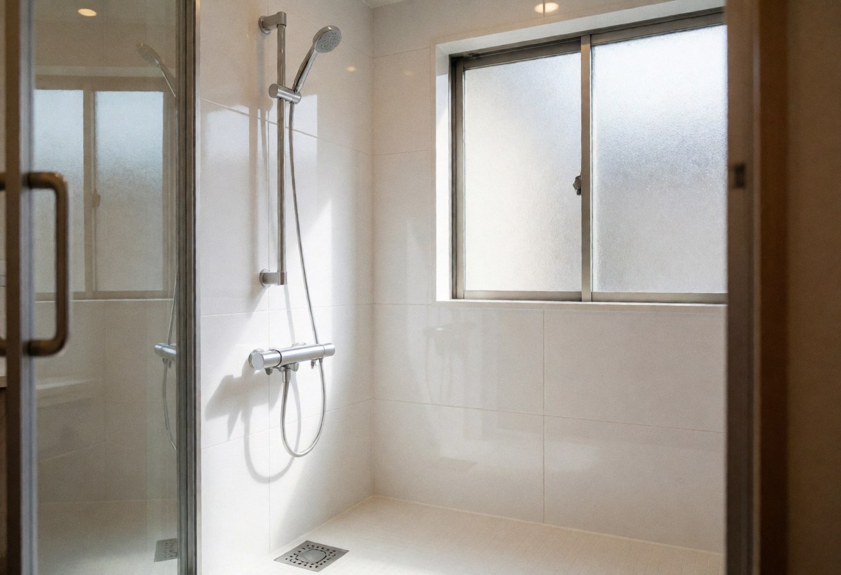Douche de pied avec robinetterie en acier inoxydable dans un bain de spa propre aux murs blancs et fenêtre en verre dépoli laissant entrer la lumière naturelle.