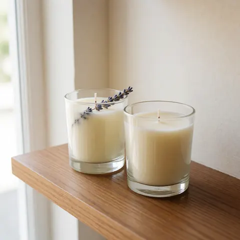 Deux bougies parfumées à la lavande posées dans des bocaux en verre sur une étagère en bois, baignées par la lumière naturelle d'une fenêtre, créant une ambiance relaxante et professionnelle.
