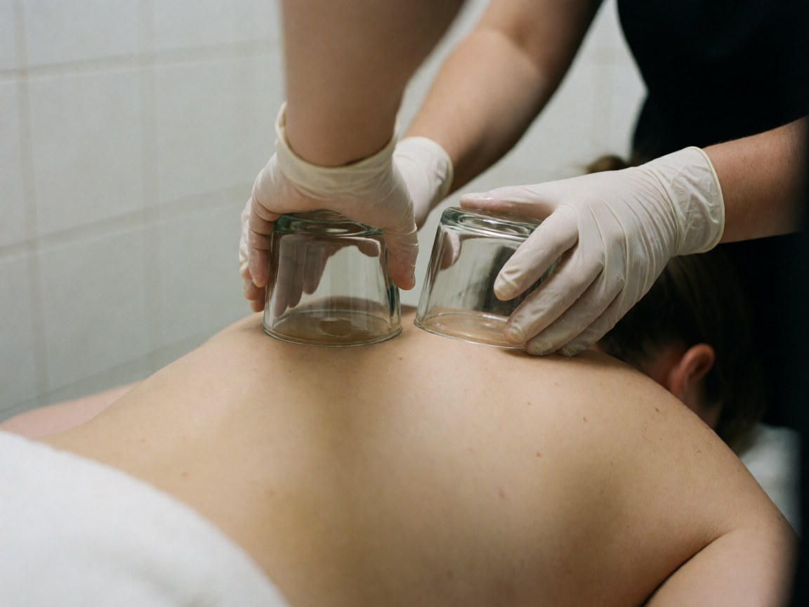 Prise de vue rapprochée montrant des mains gantées posant des ventouses en verre sur la peau du dos d'un client pour une séance de thérapie par aspiration.
