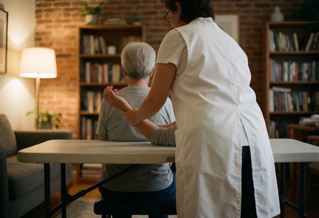 Un thérapeute en train de pratiquer un massage sur une table portable installée dans un salon.
