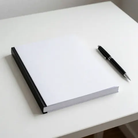 Un cahier blanc et un stylo noir posés sur une surface blanche, évoquant la psychologie et le travail thérapeutique professionnel.