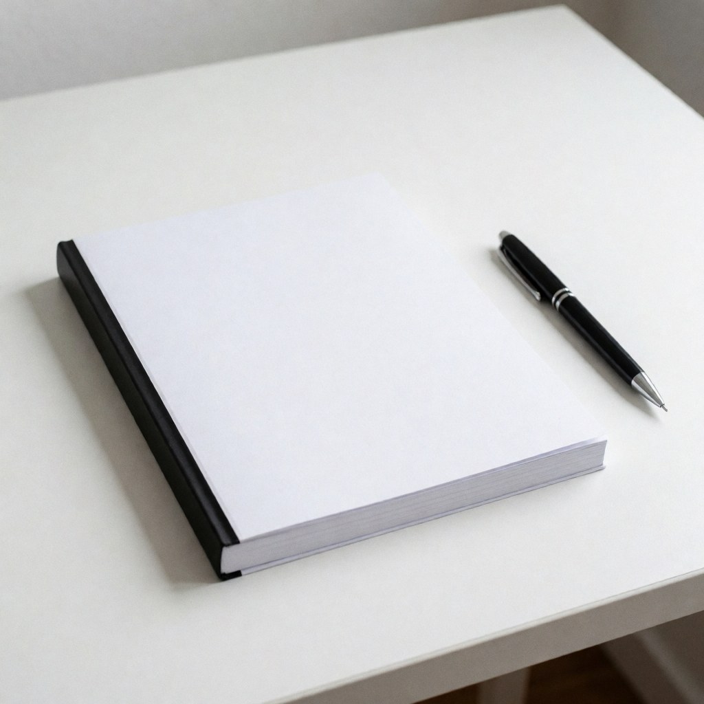 Un cahier blanc et un stylo noir posés sur une surface blanche, évoquant la psychologie et le travail thérapeutique professionnel.