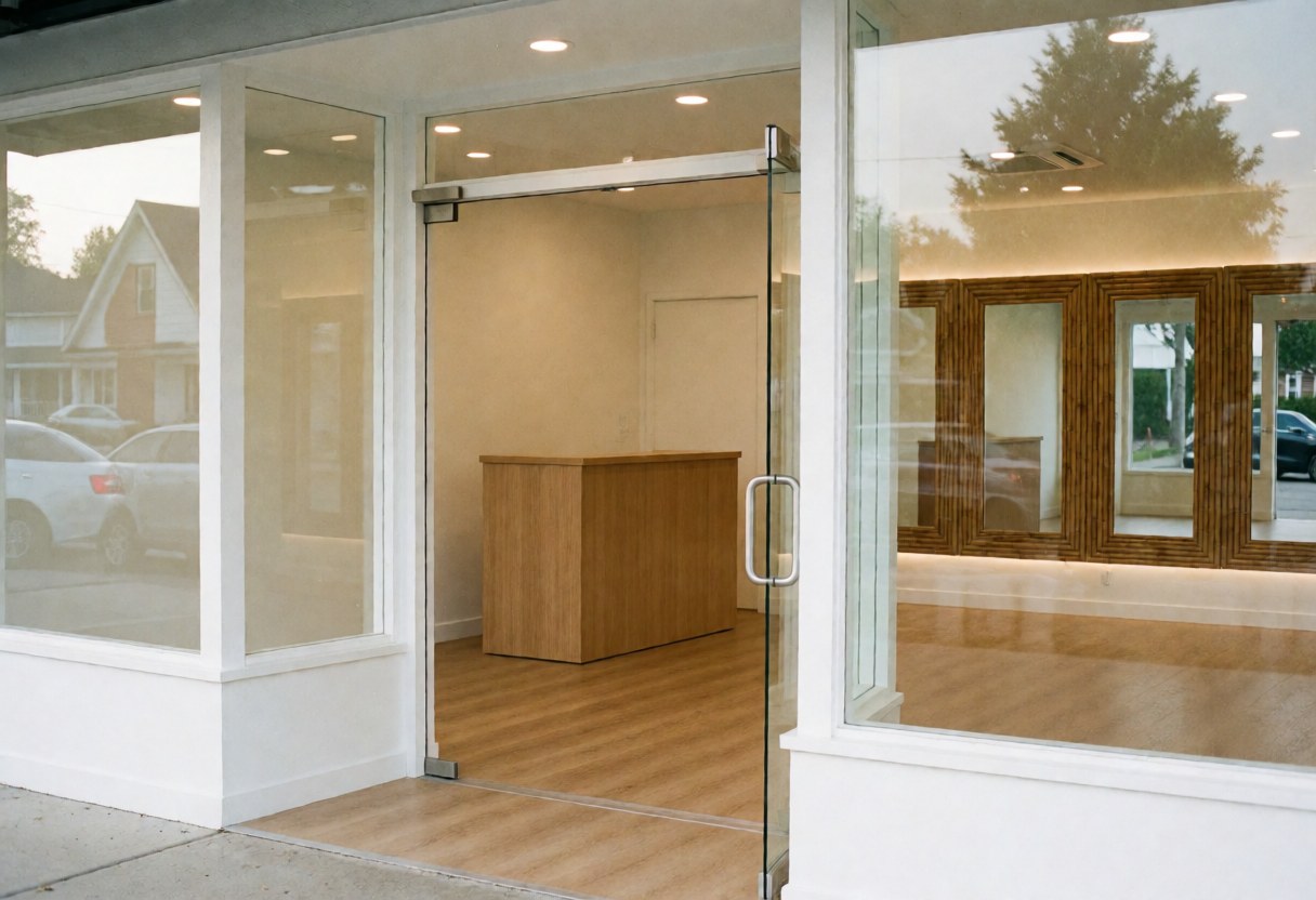 Vue de l'entrée lumineuse et chaleureuse d'un studio de yoga avec des portes vitrées et un intérieur moderne.