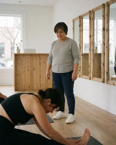 Des clientes heureuses et relaxées profitant d'un moment de bien-être dans un studio de yoga et pilates.