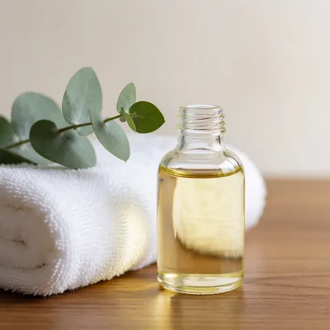 Flacon transparent d'huile de massage posé sur une table en bois, accompagné d'une serviette blanche et de feuilles d'eucalyptus vertes.