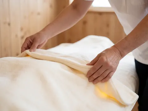 Les mains d'un thérapeute ajustent une couverture douce sur une table de massage dans un cadre en bois avec lumière naturelle.