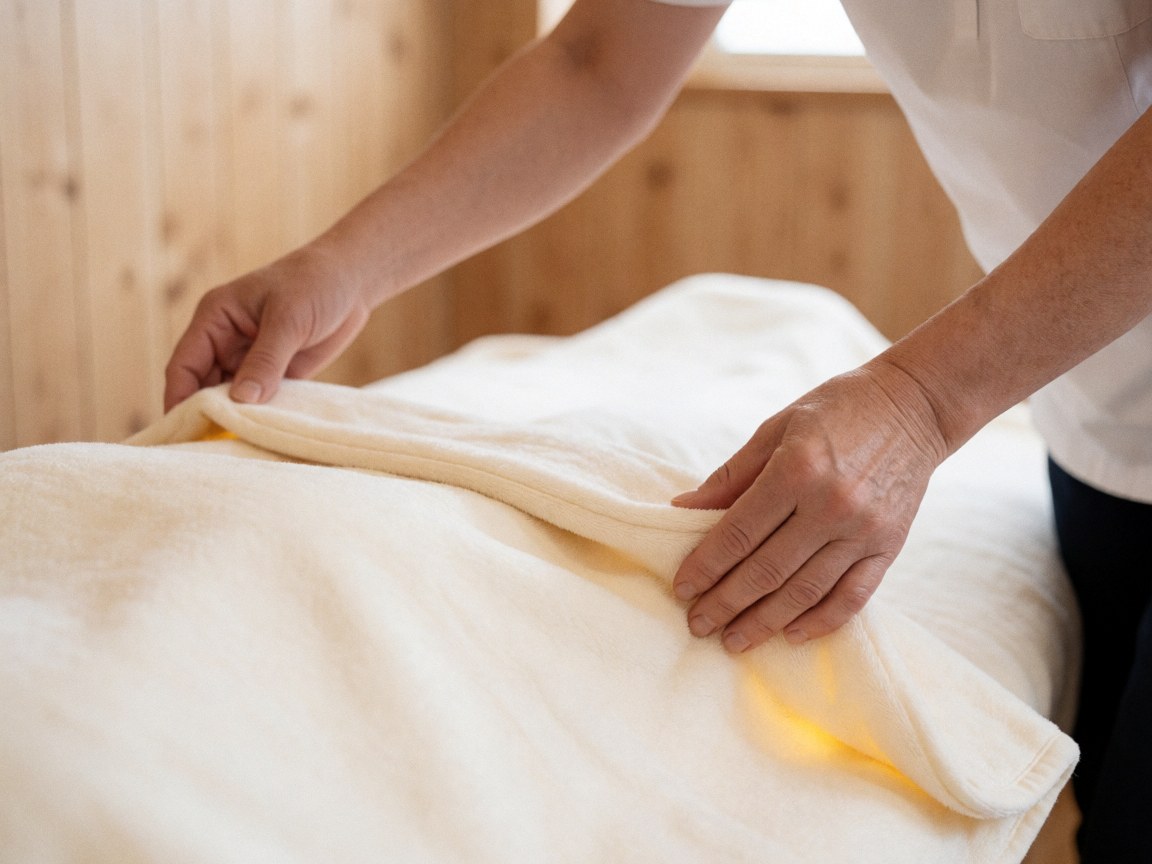 Les mains d'un thérapeute ajustent une couverture douce sur une table de massage dans un cadre en bois avec lumière naturelle.
