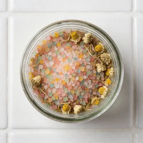 Jarre en verre remplie de sels de bain multicolores et de fleurs de camomille séchées posée sur des carreaux blancs, idéale pour des produits de spa et de massage.