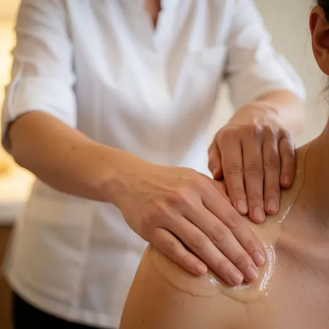 Des mains professionnelles versent délicatement de l'huile sur la peau d'une épaule dans un cadre lumineux et apaisant, évoquant le bien-être.