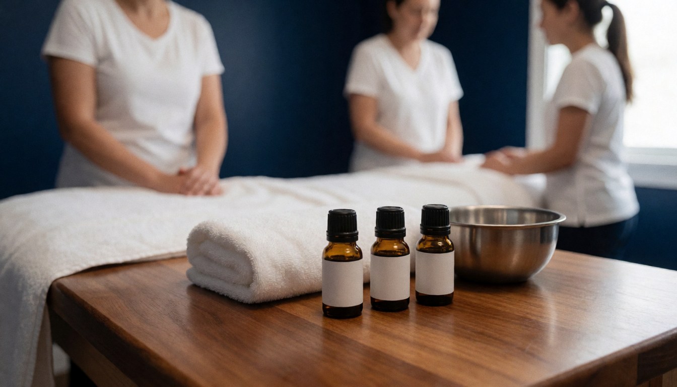 Plusieurs petites bouteilles contenant des huiles essentielles disposées sur une surface en bois clair, évoquant le bien-être et la relaxation.