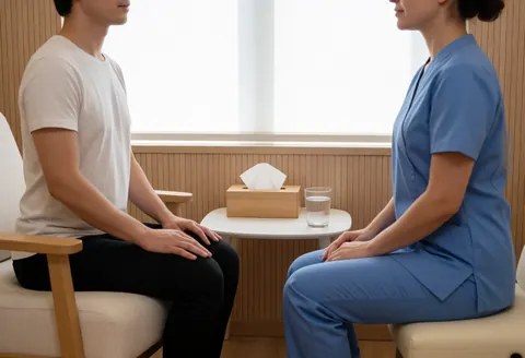 Un thérapeute en uniforme bleu effectue une séance de massage professionnel dans un intérieur calme éclairé par la lumière naturelle d'une fenêtre.