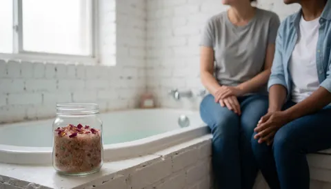 Intérieur d'une salle de bain moderne avec une baignoire blanche, des sels de bain, des pétales de roses séchées et un mur de briques blanches.