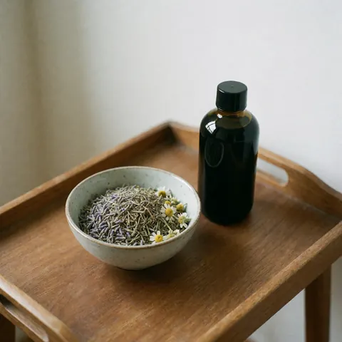 Bouteille d'huile sombre et bol contenant lavande et camomille sur plateau en bois, pour massages thérapeutiques et relaxation.
