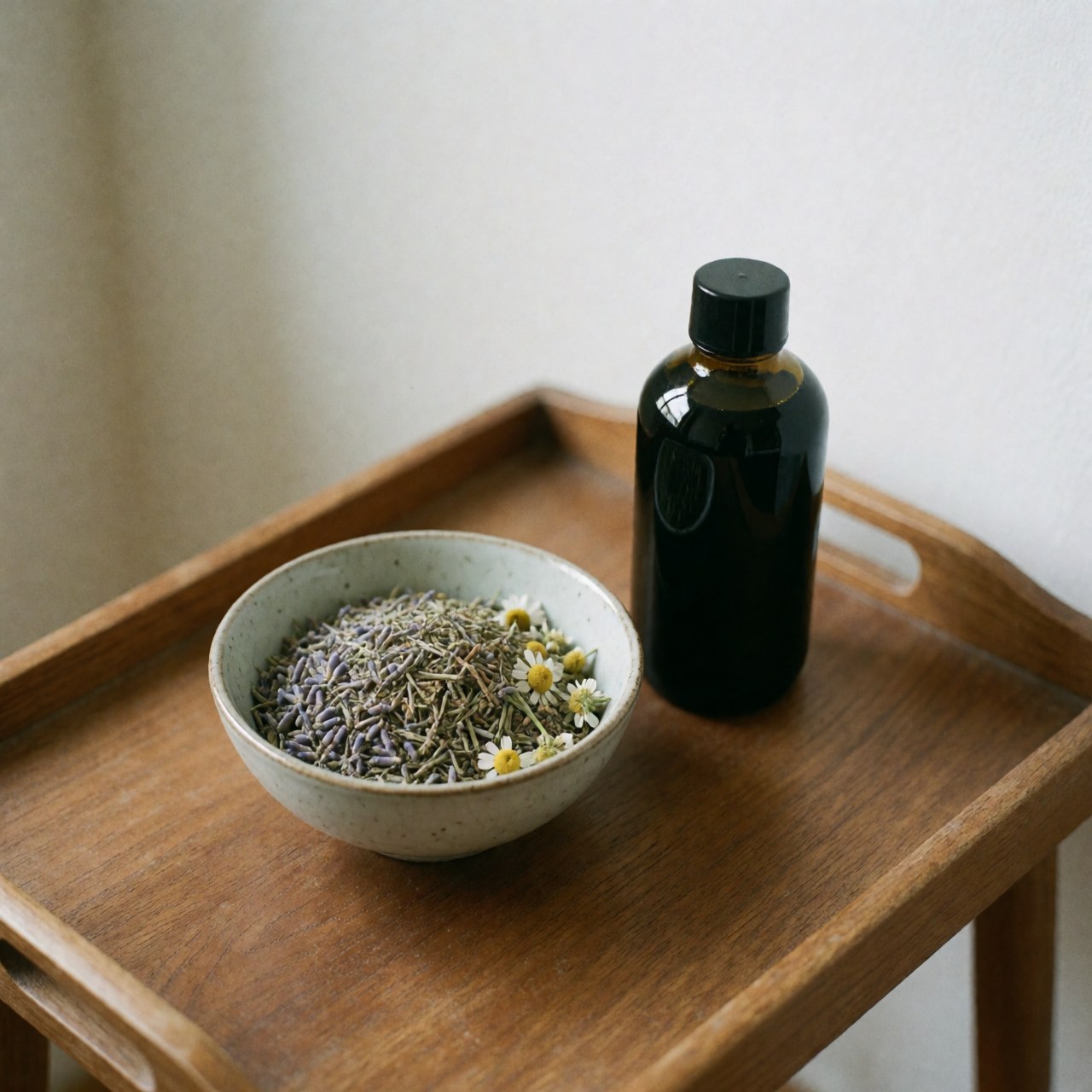 Bouteille d'huile sombre et bol contenant lavande et camomille sur plateau en bois, pour massages thérapeutiques et relaxation.