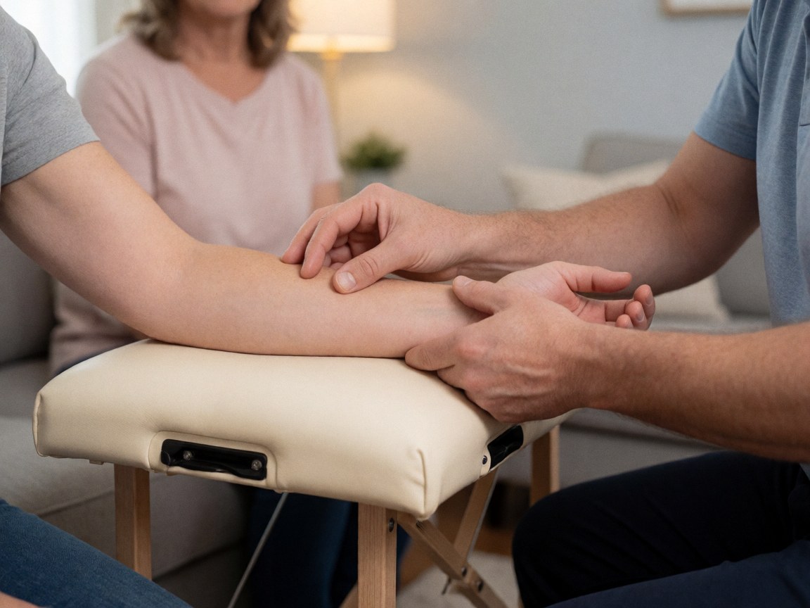 Un thérapeute masse le bras d'un client allongé sur une table portable dans un salon, avec une lumière chaude et un fond flou.