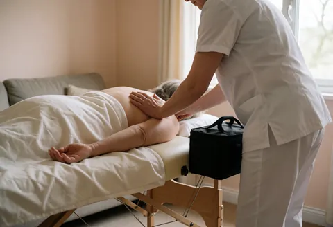 Un thérapeute professionnel réalise un massage sur une table portable dans une pièce lumineuse avec des draps blancs.