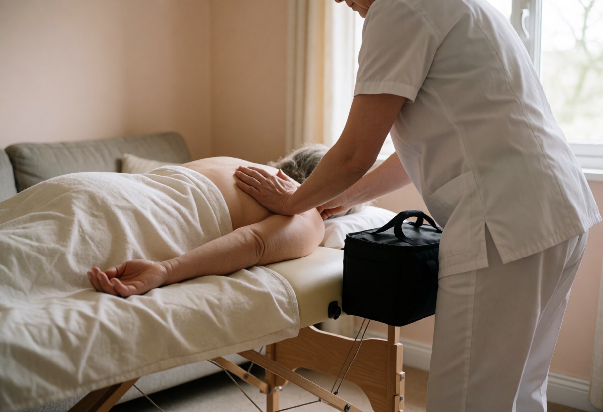Un thérapeute professionnel réalise un massage sur une table portable dans une pièce lumineuse avec des draps blancs.