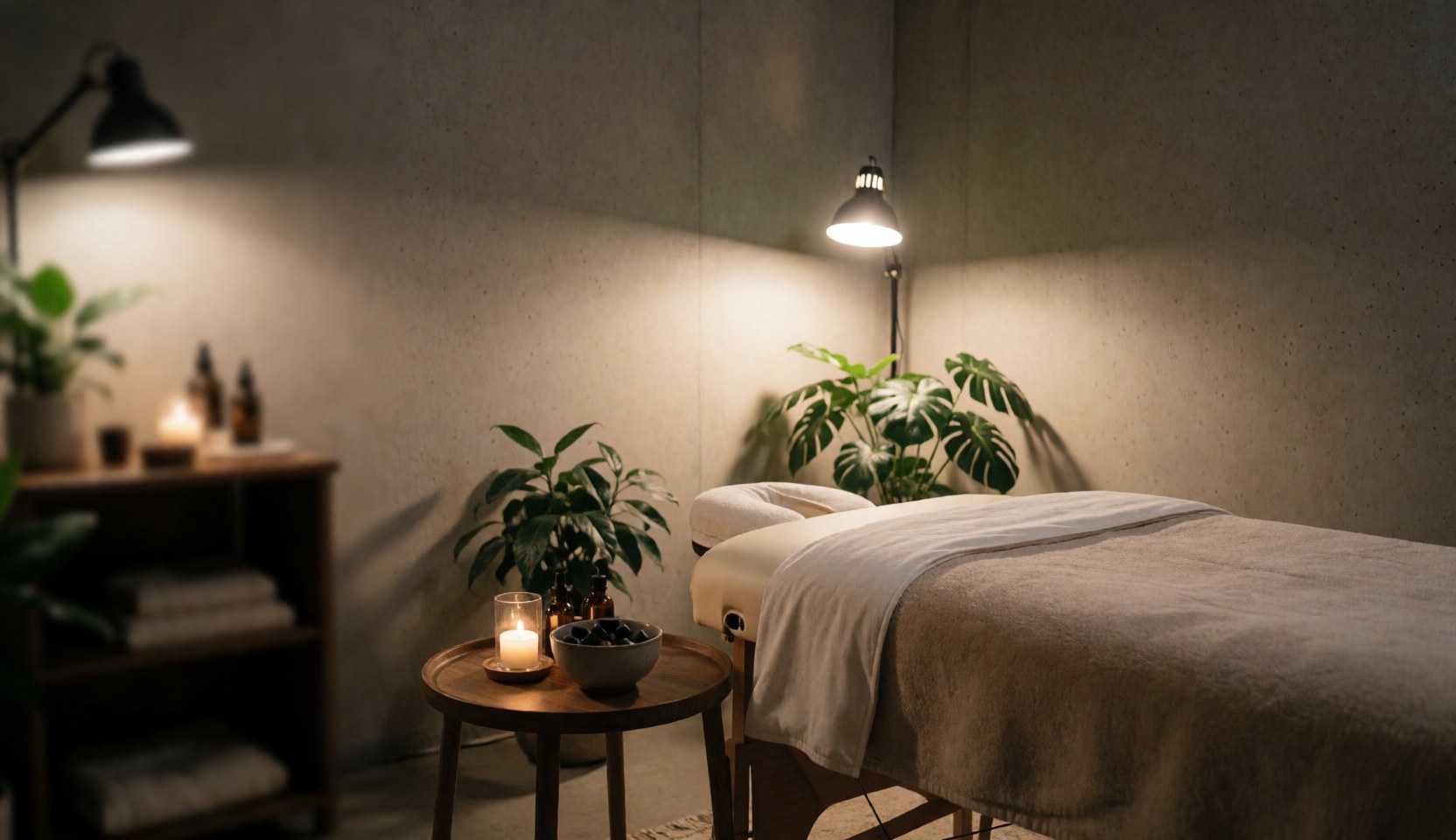 Espace de massage thérapeutique équipé d'une table, de plantes vertes, d'éclairage doux et de serviettes, offrant une ambiance relaxante et propre pour le bien-être.