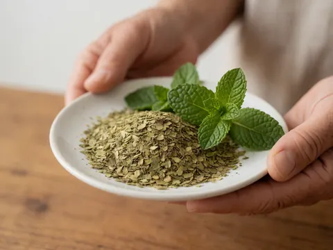 Composition d'herbes aromatiques fraîches et séchées disposées sur un plateau blanc, posé sur une table en bois, évoquant le bien-être naturel.