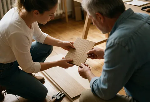 Une charpentière présente un panneau de bois à un client. Ils sont agenouillés sur un sol en bois, vérifiant le matériau. Des outils et des planches sont au sol, dans une ambiance professionnelle.