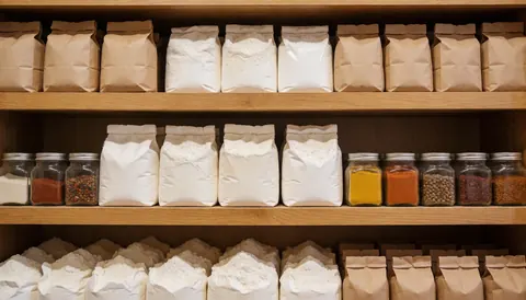 Des étagères en bois contenant des sacs de farine et des pots d'épices sur un fond chaleureux et texturé, idéal pour la boulangerie et la pâtisserie.
