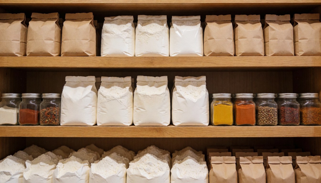 Des étagères en bois contenant des sacs de farine et des pots d'épices sur un fond chaleureux et texturé, idéal pour la boulangerie et la pâtisserie.