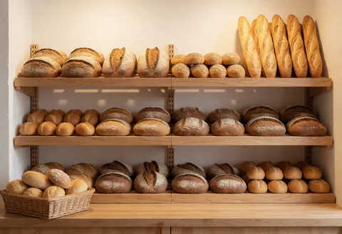 Des étagères en bois exposant des baguettes, des pains et des viennoiseries dans une boulangerie lumineuse et accueillante.