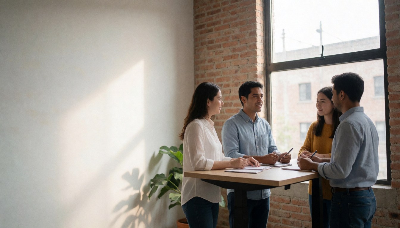 Un espace de coworking lumineux avec des murs en briques, des professionnels travaillant sur ordinateurs portables dans une ambiance décontractée et collaborative.