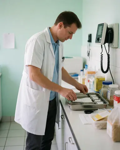 Médecin en clinique ajustant un plateau d'instruments avec des murs verts, un moniteur de pression, un environnement propre et professionnel.