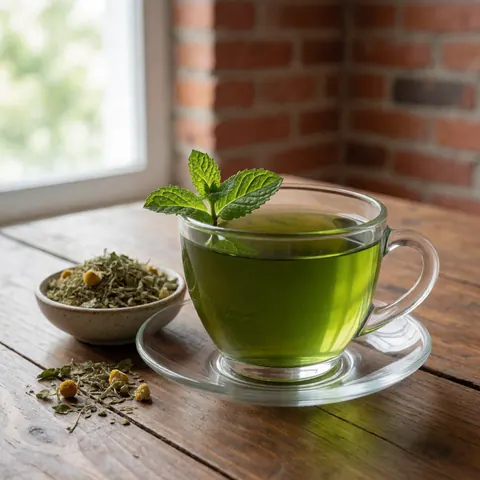 Tasse de thé vert avec menthe fraîche, herbes sèches dans un récipient et dispersées sur une table en bois rustique, mur de briques et lumière naturelle.