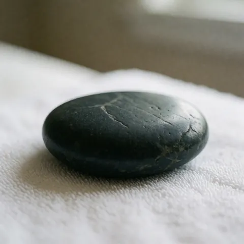 Gros plan d'une pierre de basalte utilisée pour le massage thérapeutique posée sur une serviette blanche, évoquant la détente et le bien-être dans un cadre professionnel.