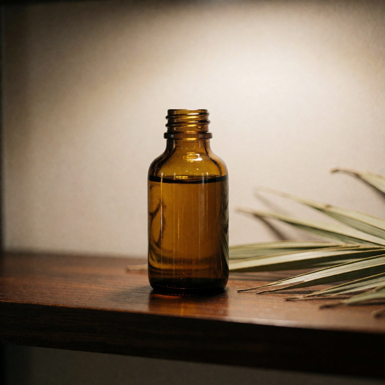 Une bouteille en verre ambrée contenant de l'huile de palme est posée sur une étagère en bois sombre, accompagnée de feuilles de palmier séchées.