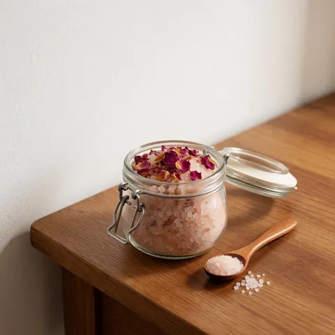 Un bocal en verre rempli de sels de bain roses parsemés de pétales de rose, accompagné d'une petite cuillère en bois sur une table en bois devant un mur blanc.