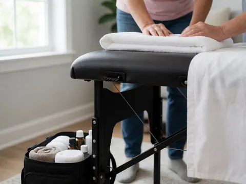 Vue détaillée d'un kit de massage professionnel disposé sur une table, incluant serviettes, huiles et accessoires pour un soin relaxant.