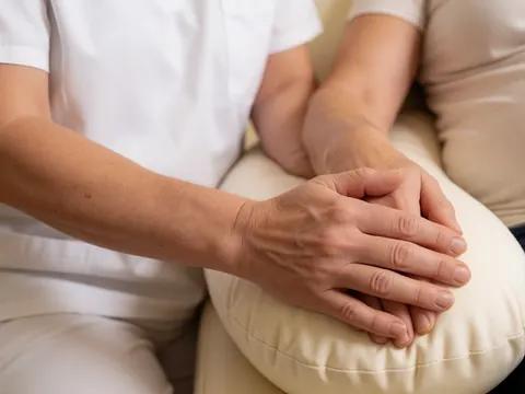Mains d'un thérapeute effectuant un massage doux sur la jambe d'une cliente, utilisant un coussin de grossesse, avec de l'huile et une lumière chaleureuse.