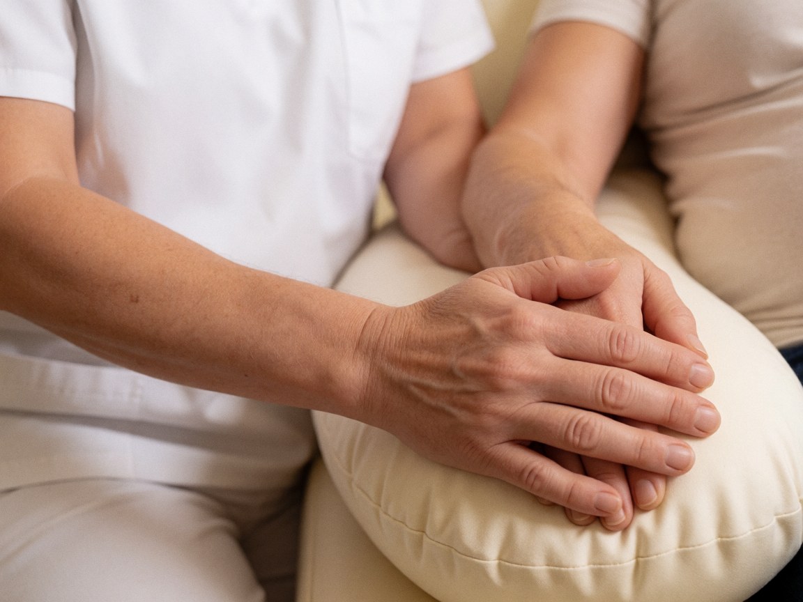 Mains d'un thérapeute effectuant un massage doux sur la jambe d'une cliente, utilisant un coussin de grossesse, avec de l'huile et une lumière chaleureuse.