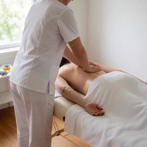 Un praticien réalise un massage suisse sur une table tandis qu'un client repose sous une serviette dans un environnement calme et professionnel baigné de lumière naturelle.