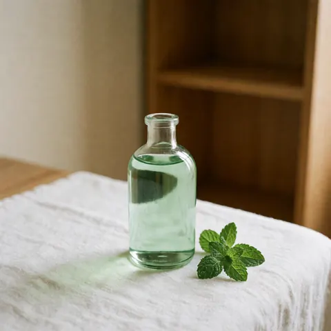 Bouteille en verre contenant une huile de massage verte claire posée sur une serviette blanche, accompagnée d'une branche de menthe fraîche dans un cadre chaleureux et relaxant.