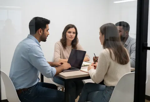 Vue d'une salle de réunion moderne au sein d'un espace de coworking, équipée de tables et de chaises pour les professionnels.