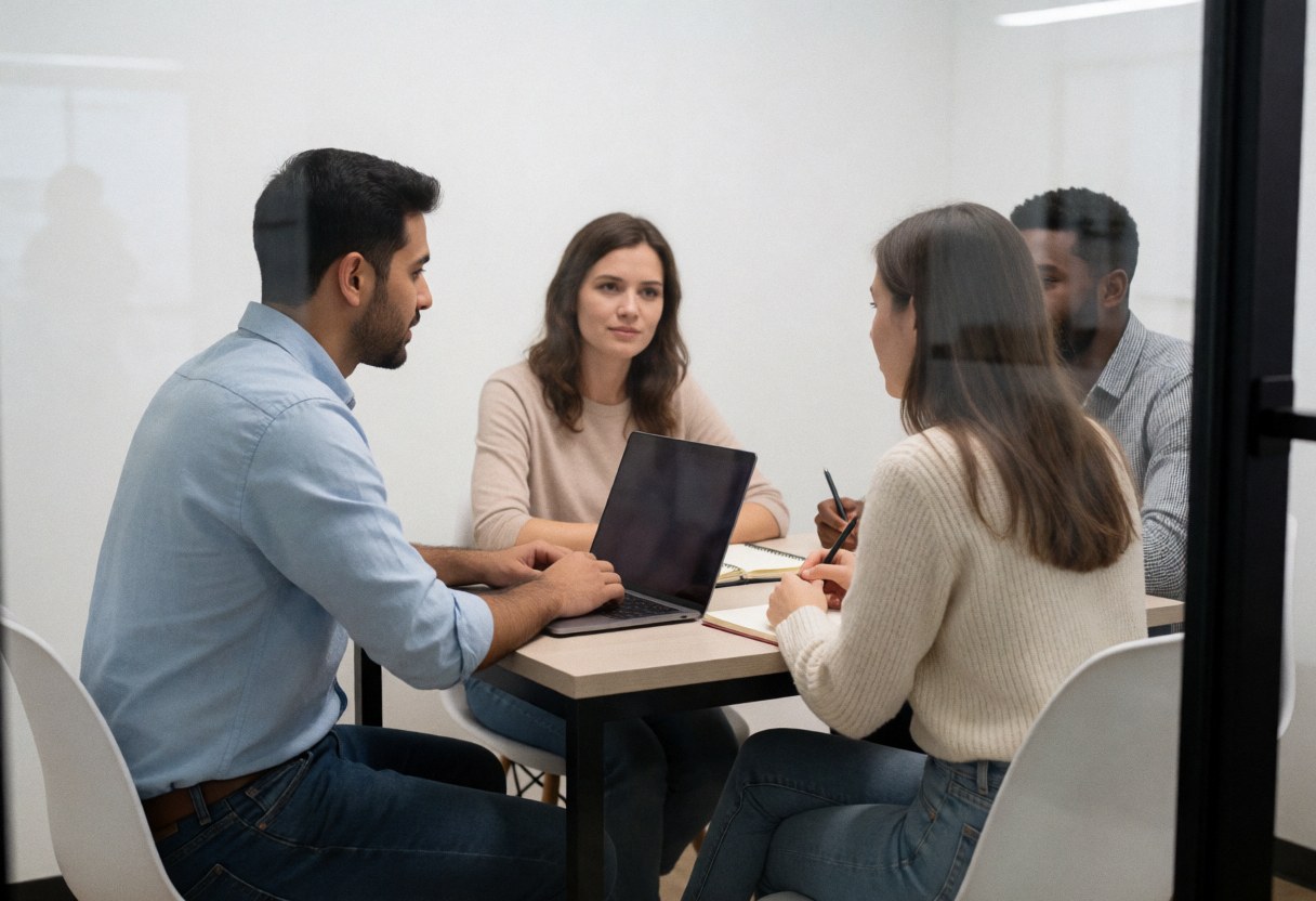Vue d'une salle de réunion moderne au sein d'un espace de coworking, équipée de tables et de chaises pour les professionnels.
