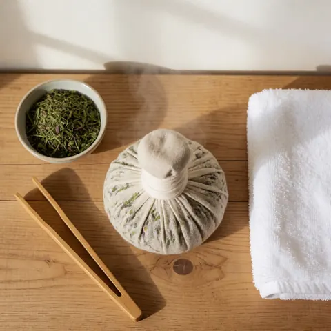 Cataplasme d'herbes chaudes enveloppé dans un tissu, tongs, serviette blanche et herbes sèches dans une tasse sur une table en bois avec lumière naturelle.